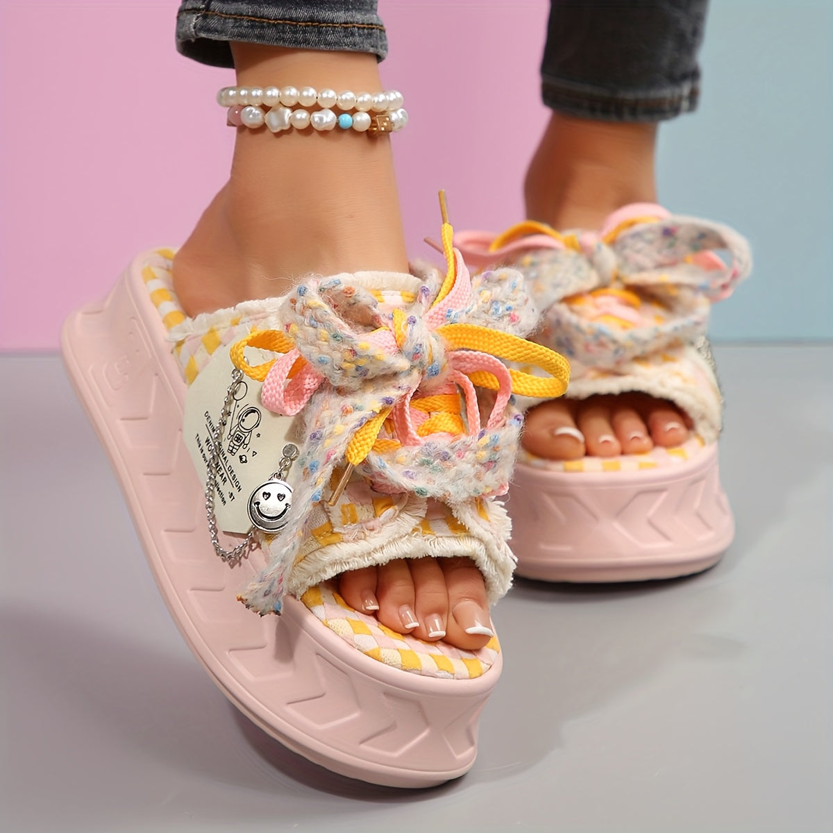 Women's Cute Thick Sole Slide Sandals - Spring/Summer 2025 Collection, Pastel Checkered Design with Bowknot, Open Toe, Fabric Upper & Rubber Sole, Comfortable Outdoor Wear, Casual Sandals | Bowknot Detail | Soft Strap Sandals
